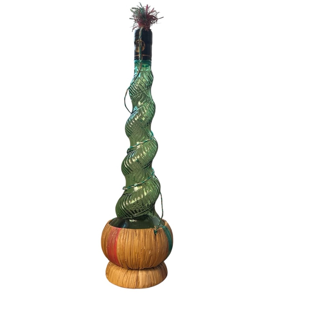 Vintage Italian Wine Bottle Chianti Tall‎ Spiral Design Green Glass Rafia Base